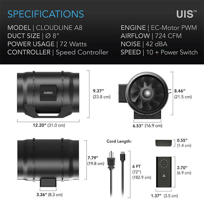 AC Infinity 8" Cloudline A8 Quiet Inline Fan with Speed Controller, 724 CFM - Image 2