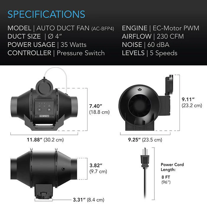 AC Infinity Automatic Booster Duct Fan, 4" - Image 5