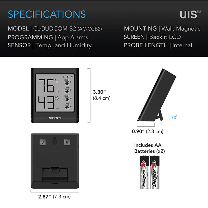 AC Infinity CLOUDCOM B2 Smart Thermo-Hygrometer, Integrated Sensor Probe - Image 2