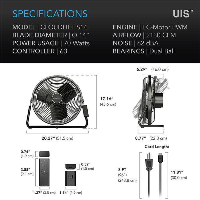 AC Infinity CLOUDLIFT S14 Floor/Wall Fan with Wireless Controller, 14" - Image 2