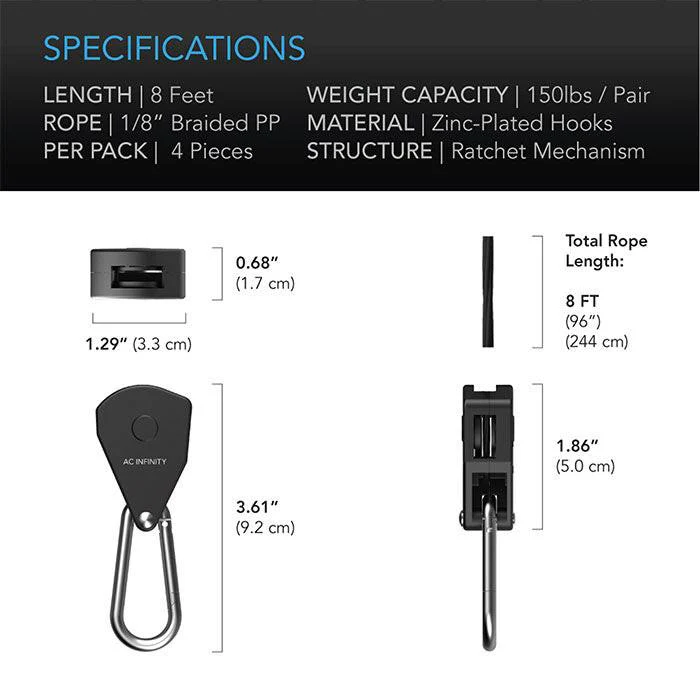 AC Infinity Heavy-Duty Adjustable Rope Clip Hanger, 2 Pairs - Image 2