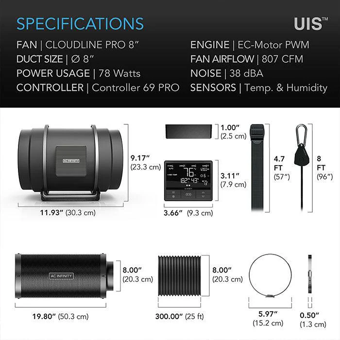 AC Infinity PRO Air Filtration Kit with Inline Fan and Controller, Carbon Filter, and Ducting Combo, 8" - Image 7