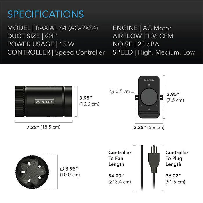 AC Infinity Raxial S4 Inline Booster Duct Fan with Speed Controller, 4" - Image 6