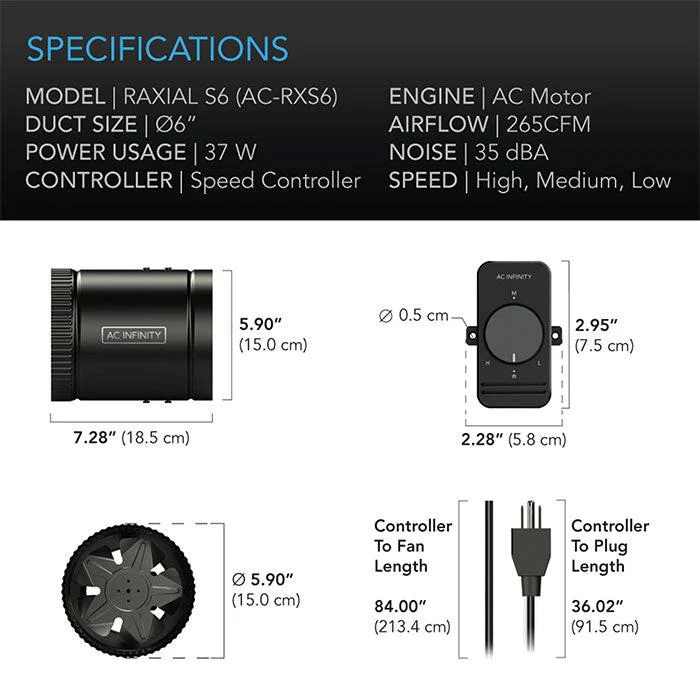 AC Infinity Raxial S6 Inline Booster Duct Fan with Speed Controller, 6" - Image 6