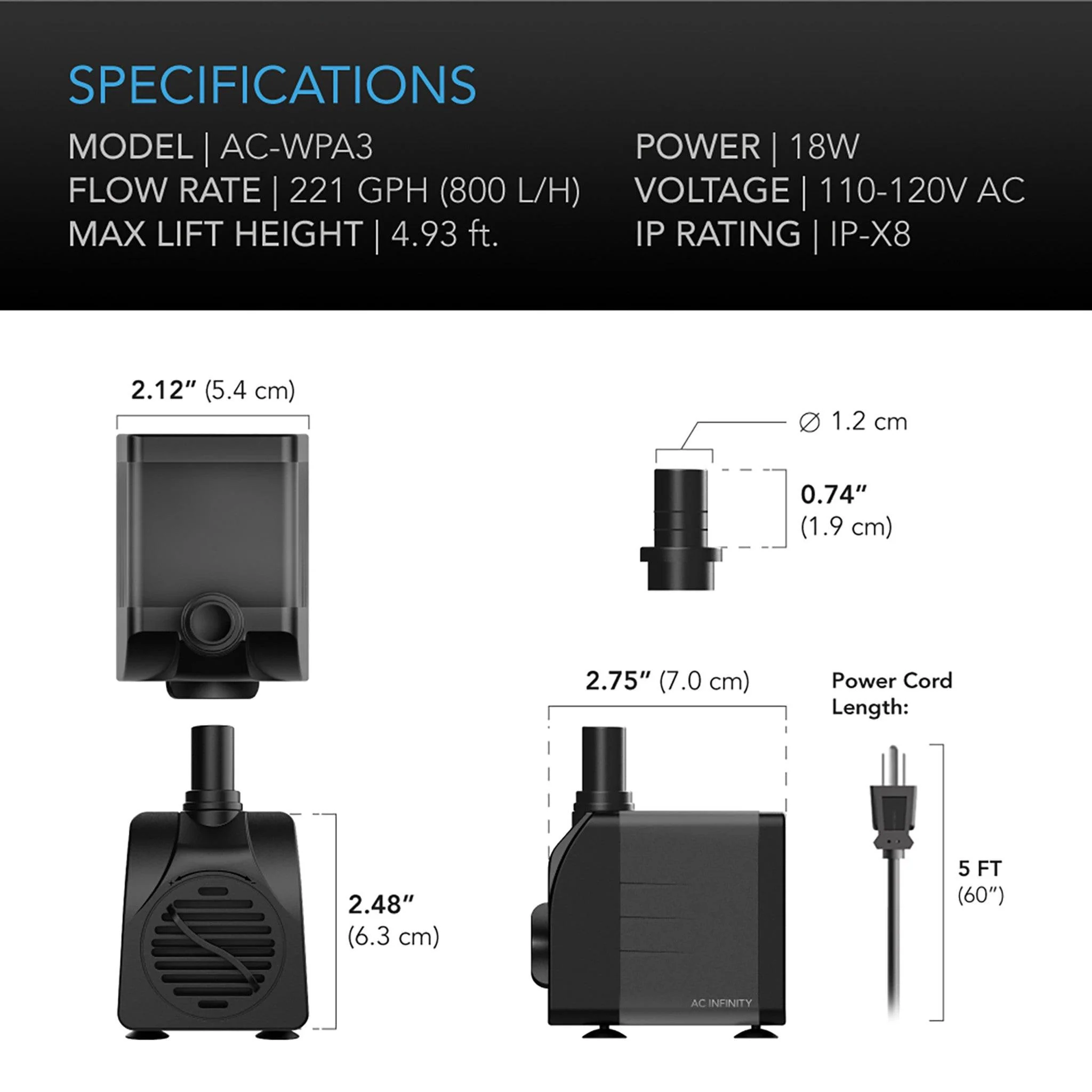 AC Infinity Submersible Water Pump, 211 GPH - Image 6