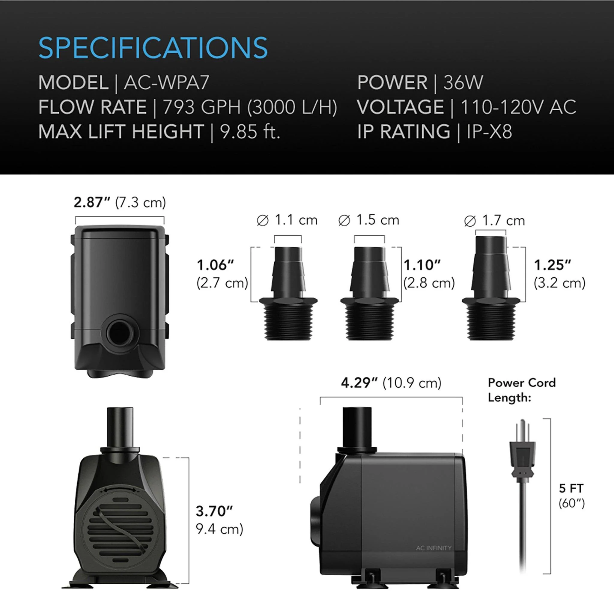 AC Infinity Submersible Water Pump, 792 GPH - Image 6
