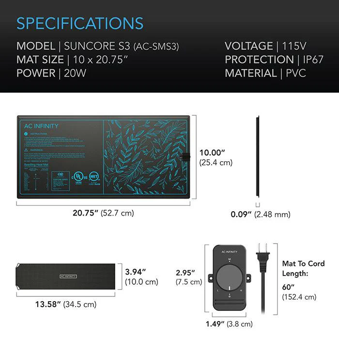 AC Infinity SUNCORE S3 Seedling Heat Mat with Controller, 10" x 20.75" - Image 2