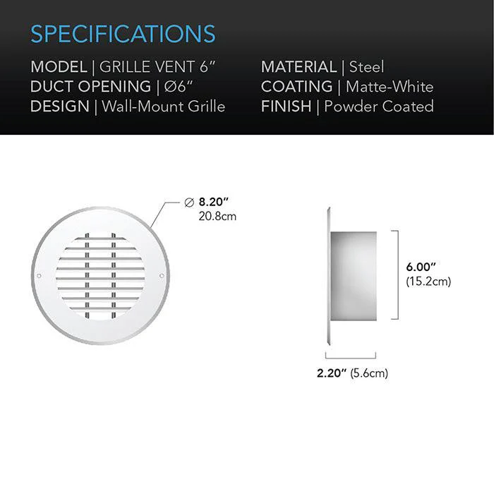 AC Infinity Wall-Mount Duct Grille Vent, White Steel, 6" - Image 4