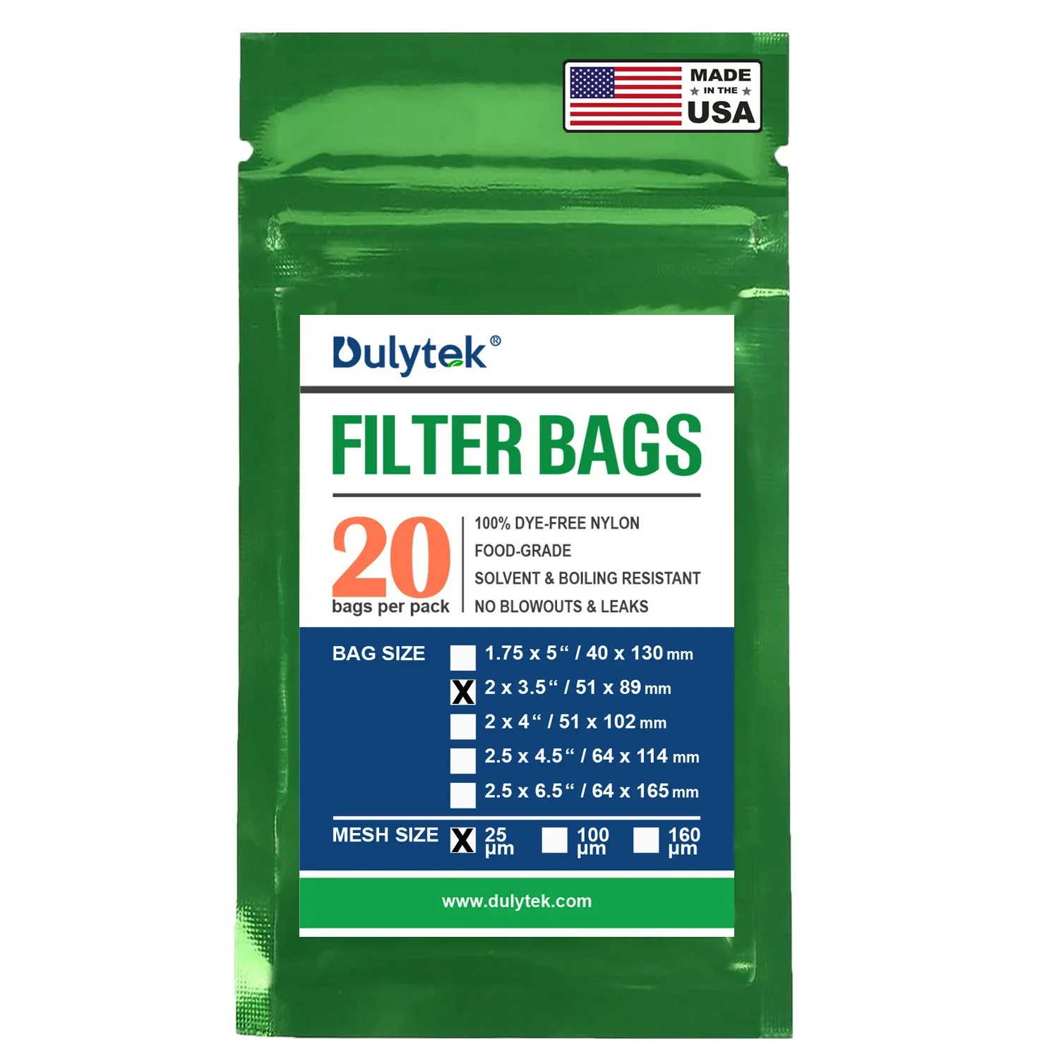 Dulytek Premium Nylon Filter Bags, 2" x 3.5", 25 Micron, Pack of 20