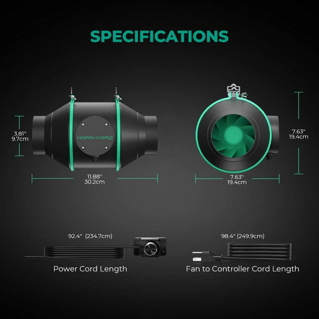 Mars Hydro 4 Inch Inline Fan With Speed Controller, 205 CFM - Image 2
