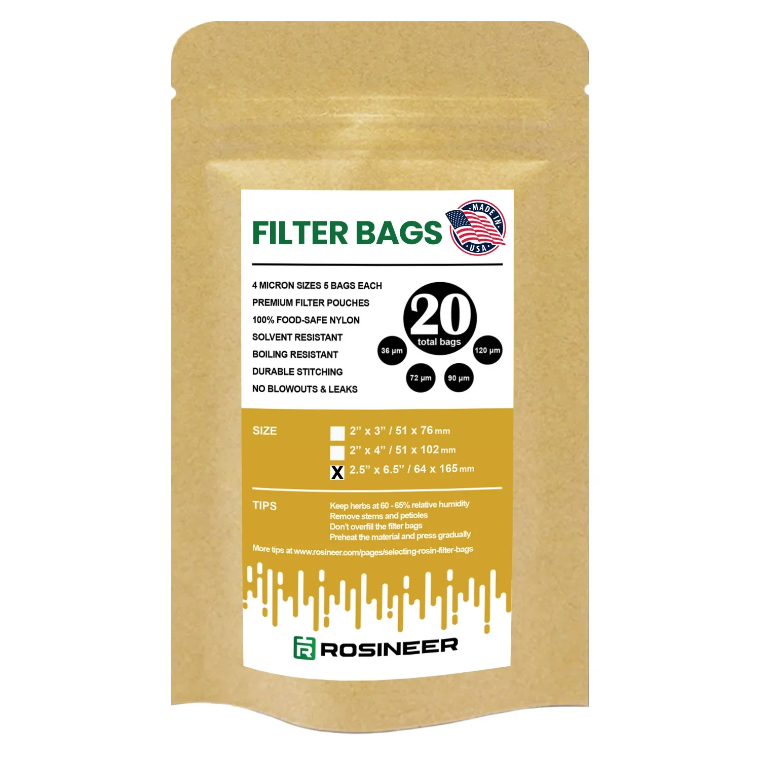 Rosineer Premium Filter Bags, 2.5" x 6.5", Mixed Micron Size, Pack 20