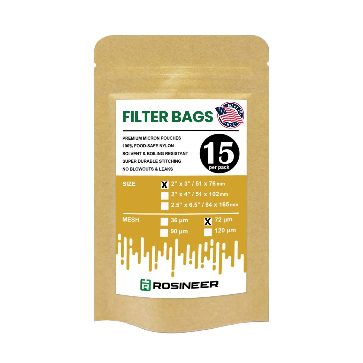 Rosineer Premium Filter Bags, 2" x 3", 72 Micron, Pack of 15
