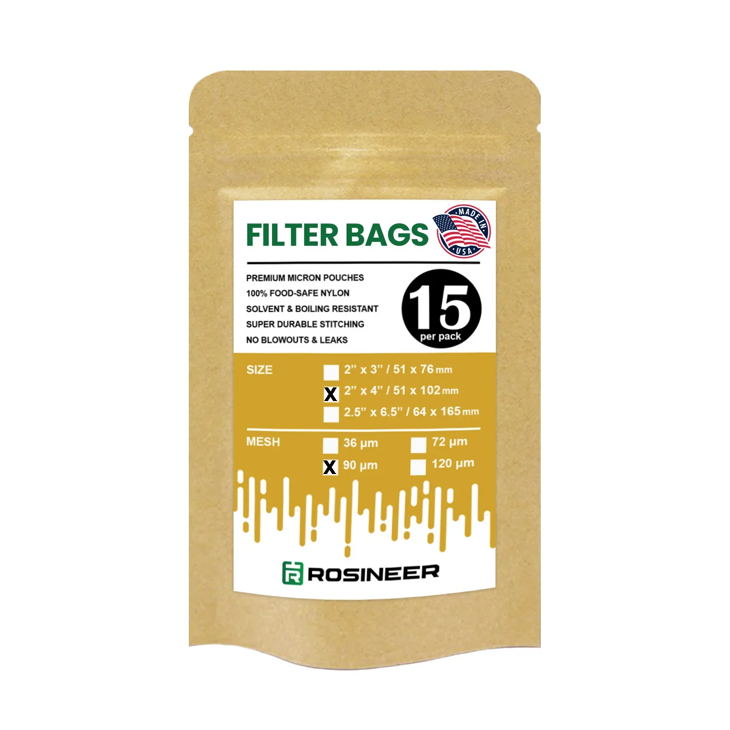 Rosineer Premium Filter Bags, 2" x 4", 90 Micron, Pack of 15