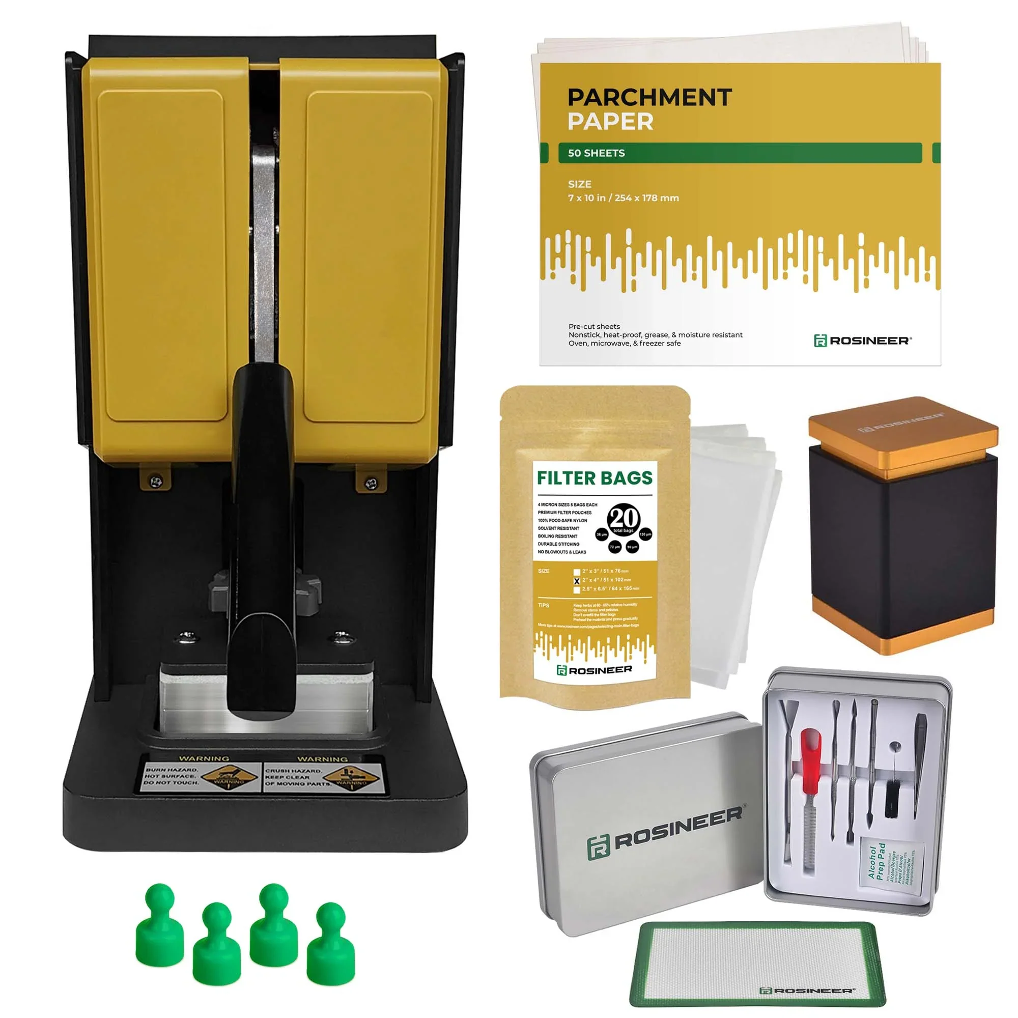 Rosineer PRESSO 1500 lb. Manual Rosin Press Machine With Accessory Bundle, Gold Yellow