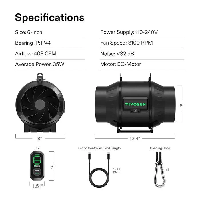 Vivosun AeroZesh T Series Inline Fan with E12 Speed Controller - Image 12
