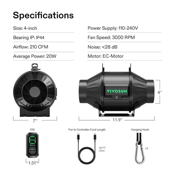 Vivosun AeroZesh T4 4" Inline Fan with E12 Speed Controller - Image 10