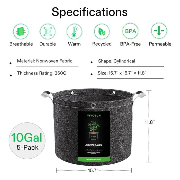 Vivosun Thick Nonwoven Fabric Pot with Handles & Multi-Purpose Rings, 10 Gallon, Pack of 5 - Image 7